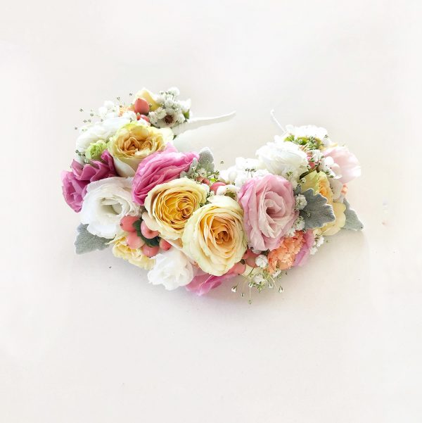 Pink and peach fresh flower headband. The Petal Provedore. Melbourne.