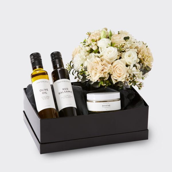 Gourmet Table Gift Hamper. Flowers, Olive Oil, Balsamic Vinegar, Dukkah and flowers in a gift hamper. The Petal Provedore. Melbourne
